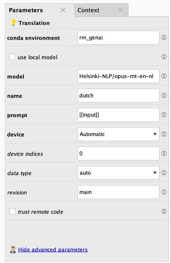 Parameters of Translation operator