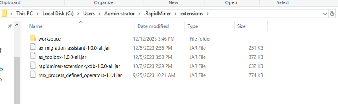 jar files in the RapidMiner extensions folder